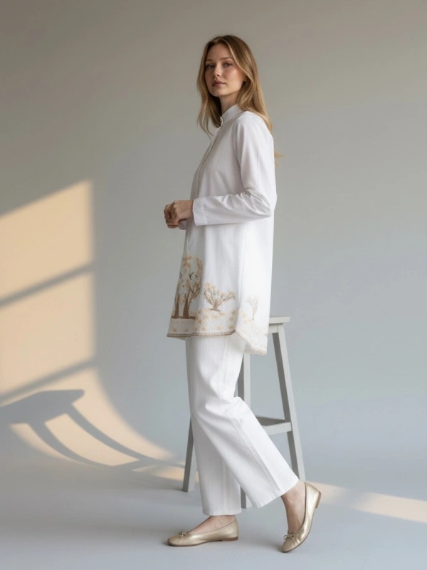 İNVEE Kadın Ağaç Nakışlı Uzun Gömlek - Beyaz