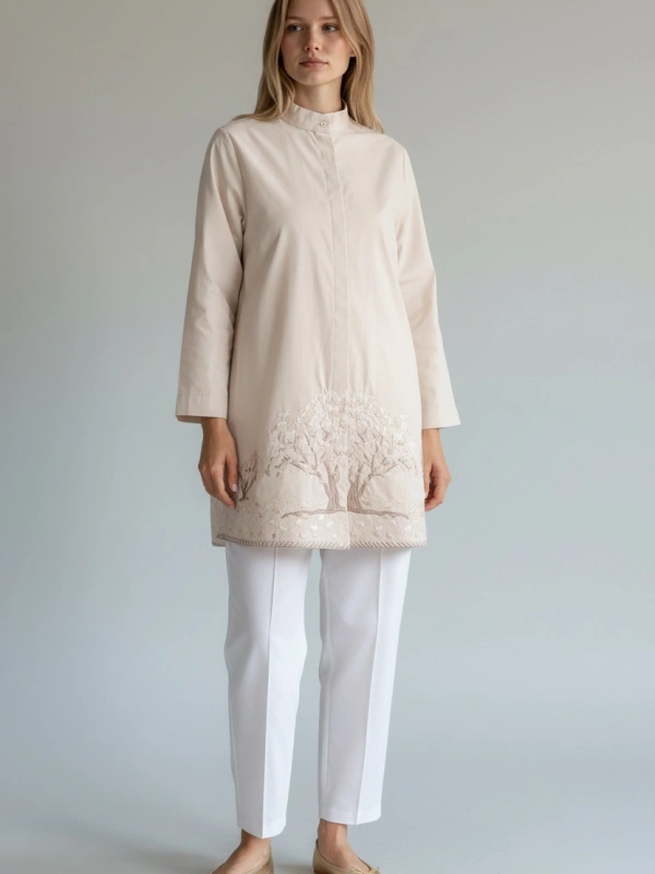 İNVEE Kadın Ağaç Nakışlı Uzun Gömlek - Bej