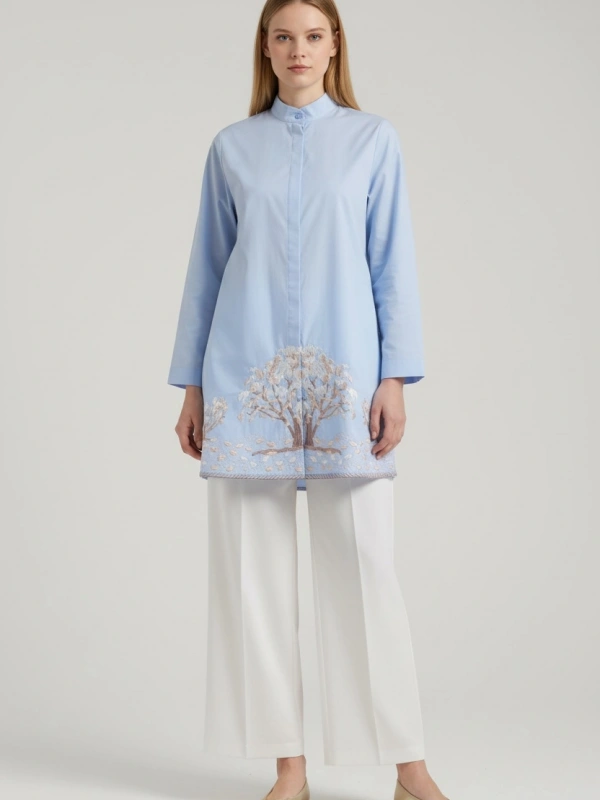 İNVEE Kadın Ağaç Nakışlı Uzun Gömlek - Mavi