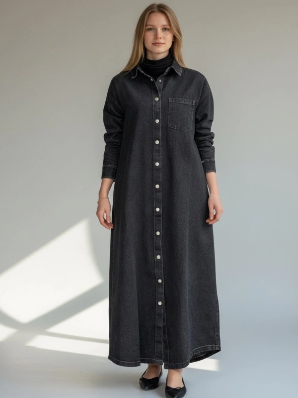 İNVEE Kadın Çıtçıt Kapamalı Uzun Denim Kap - Siyah