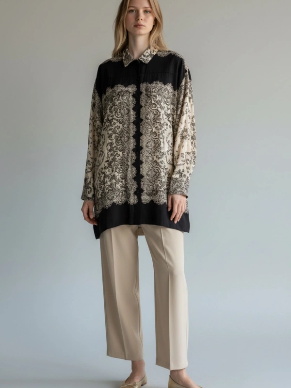 İNVEE Kadın Desenli Viskon Gömlek - Kahve-Bej