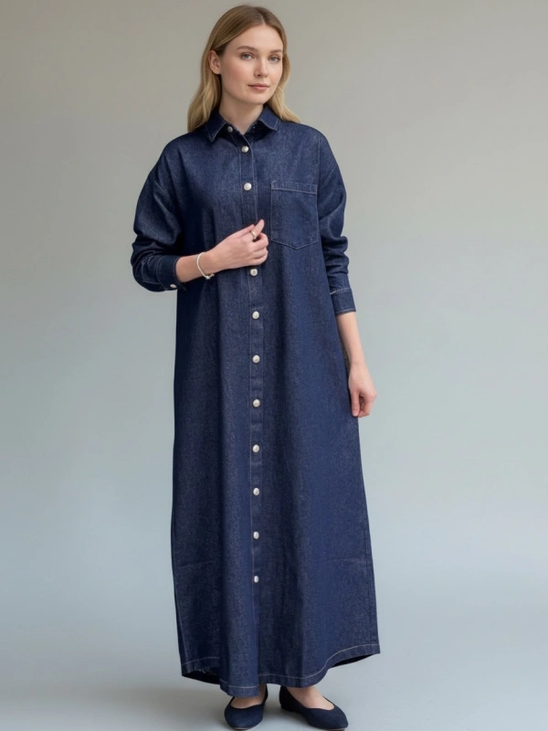 İNVEE Kadın Çıtçıt Kapamalı Uzun Denim Kap - Mavi