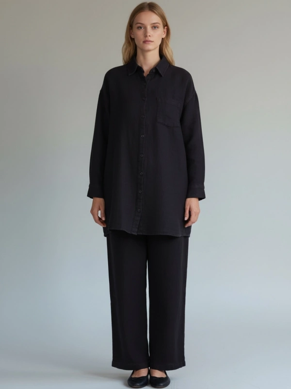 İNVEE Kadın Kot Keten İkili Takım Kadın | Rahat Kalıp Siyah Gömlek Pantolon Takım