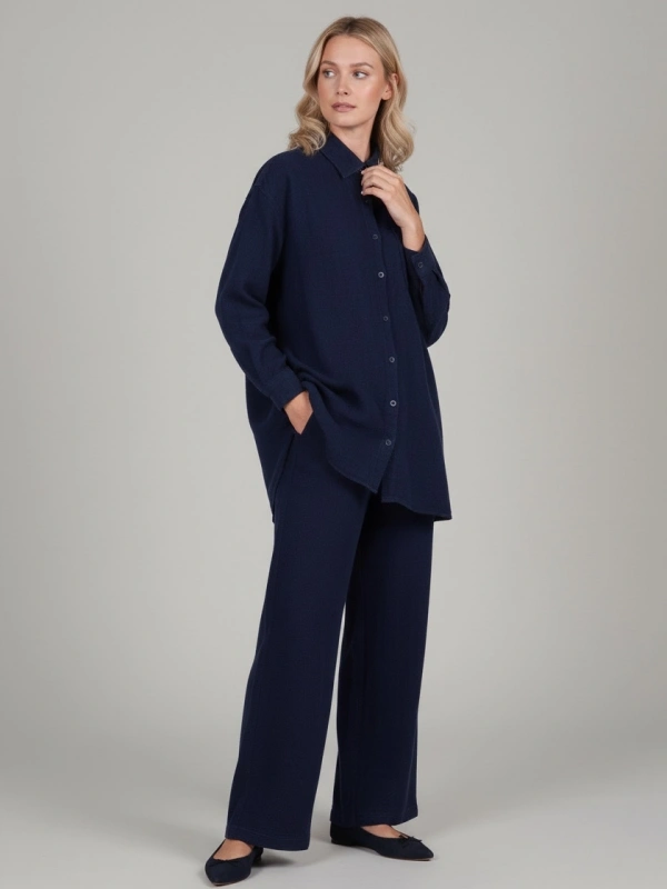 İNVEE Kadın Kot Keten İkili Takım Kadın | Rahat Kalıp Lacivert Gömlek Pantolon Takım