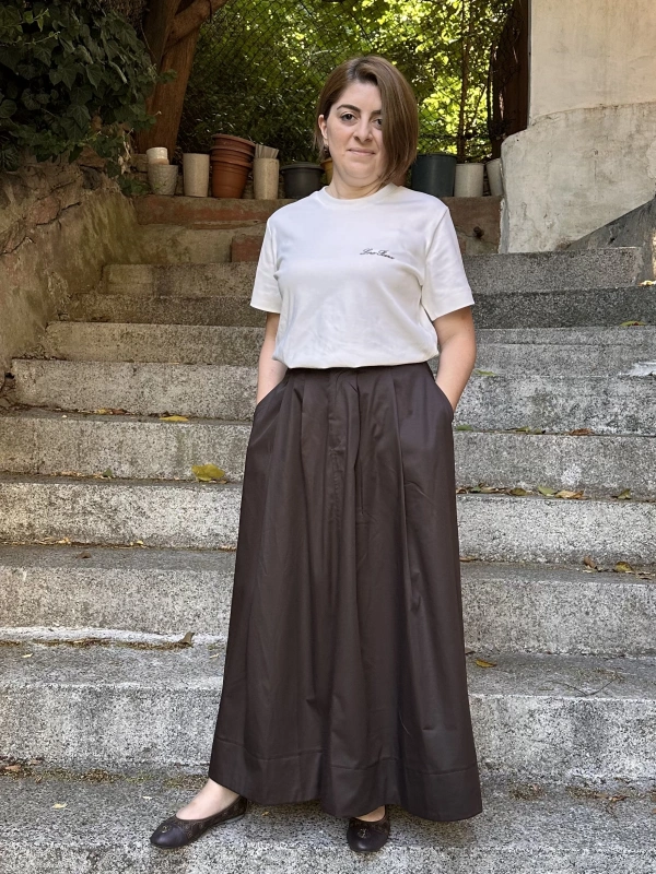 Pileli Gabardin Etek - Kahverengi