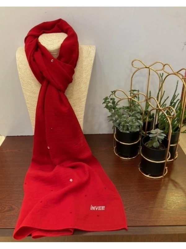 INVEE 1266 Taşlı Caz Kırmızı Şal