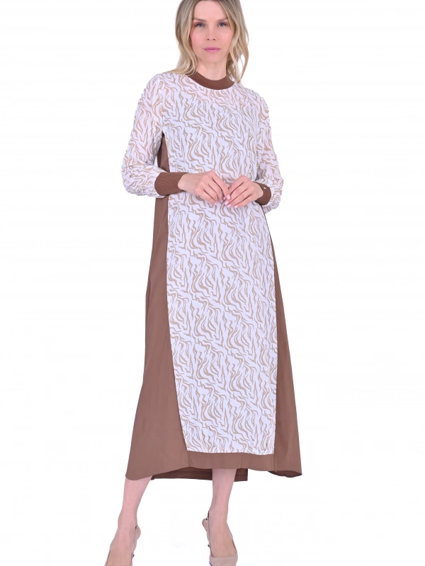 İNVEE 5764 Desenli Elbise - Kahverengi