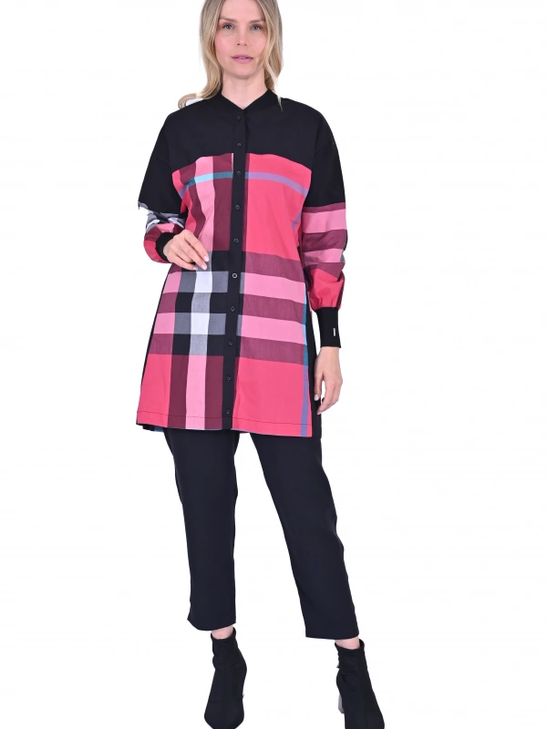 İNVEE Desenli Viskon Gömlek - Fuşya