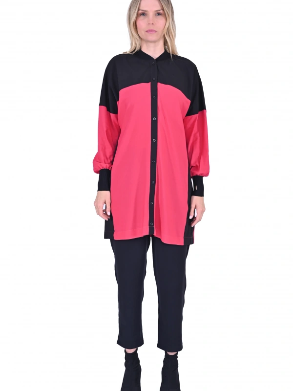 İNVEE Desenli Viskon Gömlek - Siyah-Fuşya