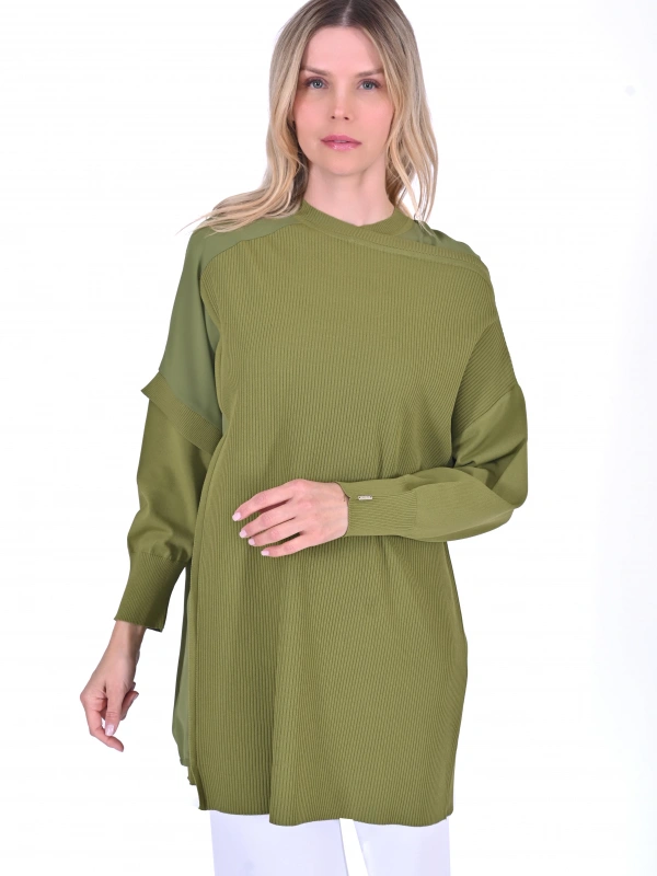 İNVEE Omzu Şifon Detaylı Tunik - Yağ Yeşili