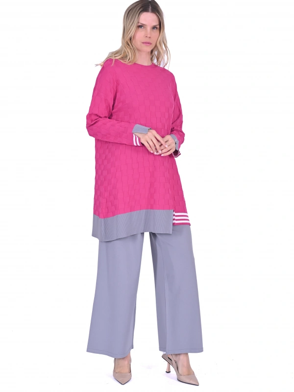 İNVEE 6401 Kesme Şeker Desen Triko Tunik - Fuşya