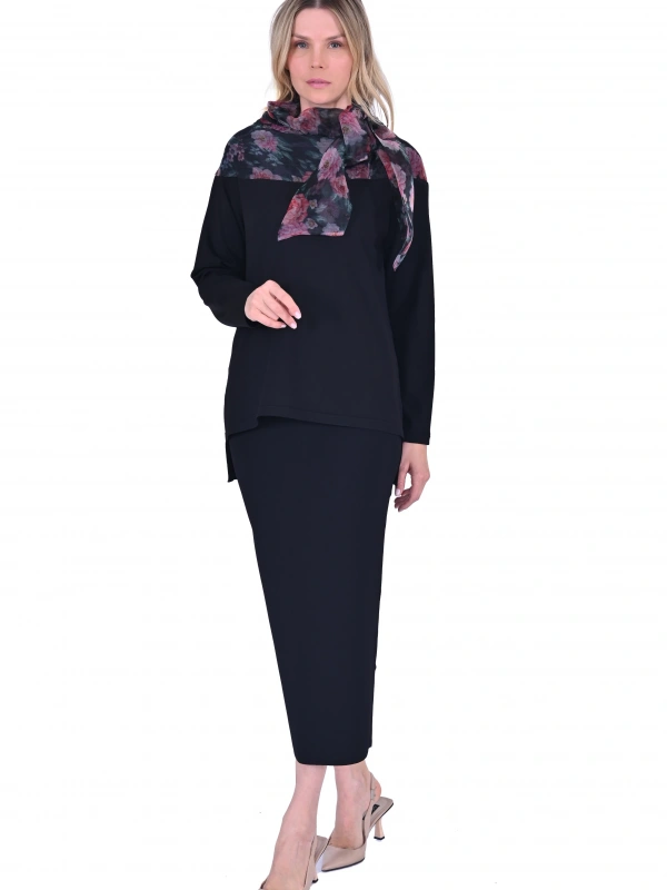 İNVEE 6604 Gül Desen Organze Yakalı Triko Tunik