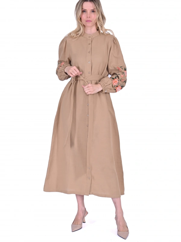 INVEE 6779 Keten Camel Gömlek Elbise