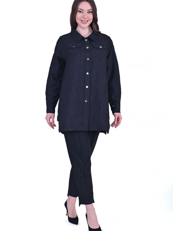 İNVEE 6827 Desenli Kapitone Ceket - Siyah