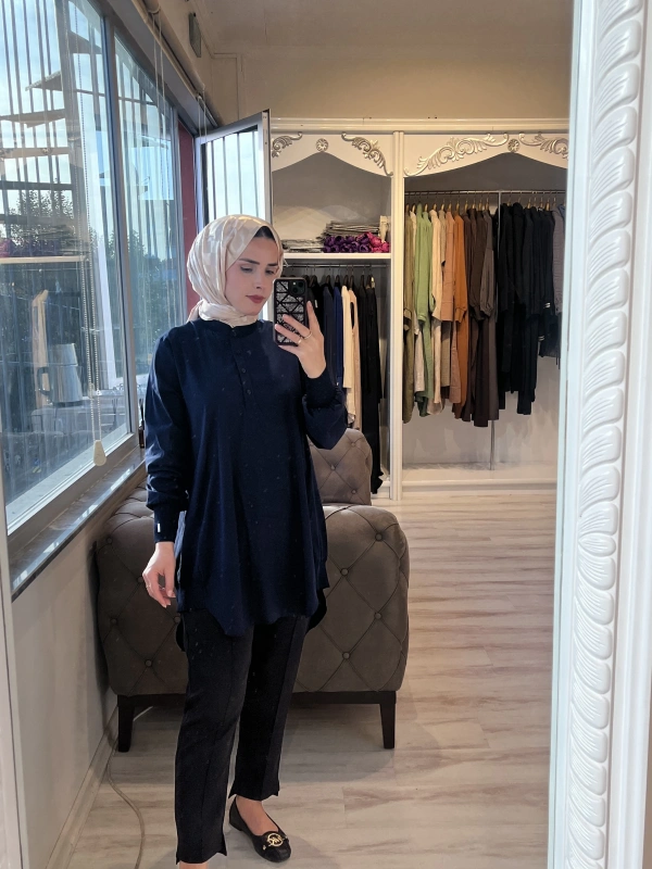 İNVEE 6834 Triko Detaylı Lacivert Gömlek