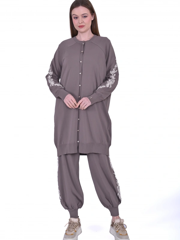 İNVEE 6846 Boncuk İşlemeli Güldalı Hırka - Vizon