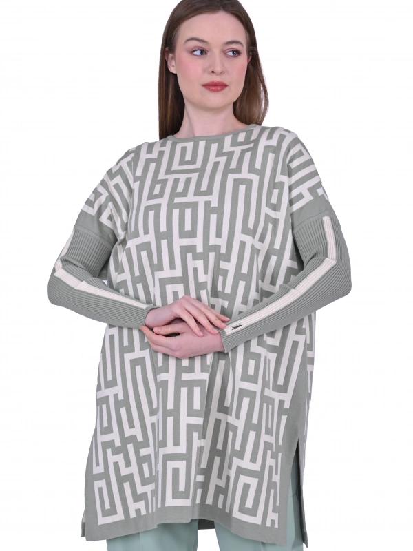 İNVEE 6872 Labirent Desen Triko Tunik - Çağla