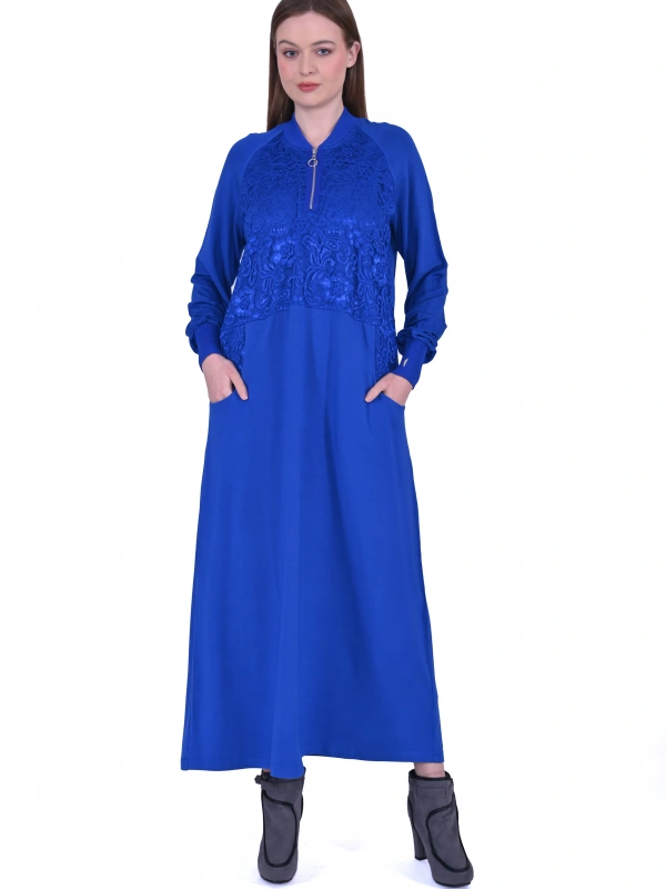 İNVEE Dantel Detaylı İki İplik Elbise - Sax