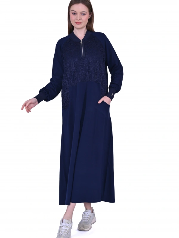 İNVEE Dantel Detaylı İki İplik Elbise - Lacivert