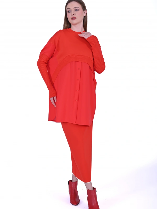 INVEE 6883 Kumaş/Triko Kırmızı Tunik