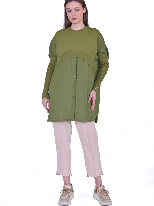 INVEE 6883 Kumaş/Triko Yağ Yeşili Tunik