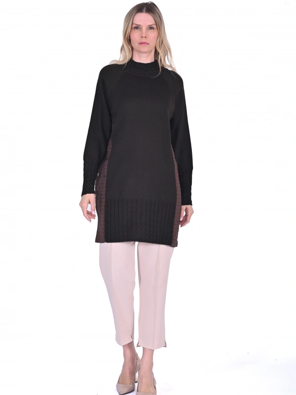 İNVEE 6884 Kapitone Detaylı Triko Tunik - Kahve