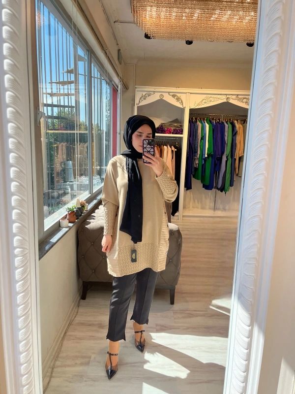 İNVEE 6884 Kapitone Detaylı Triko Tunik - Camel