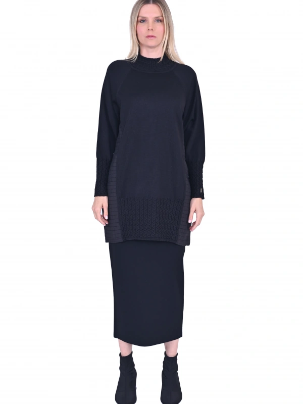 İNVEE 6884 Kapitone Detaylı Triko Tunik - Siyah