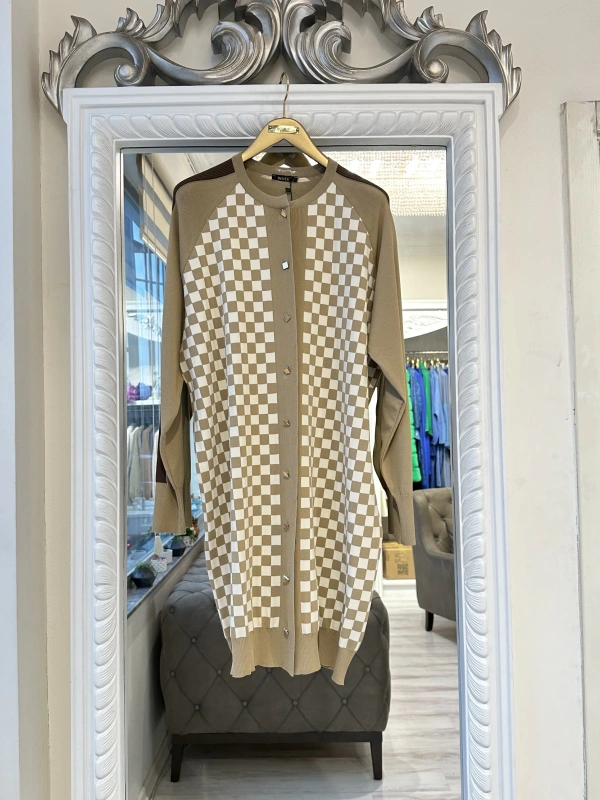 İNVEE 6891 Triko Damalı Hırka - Camel