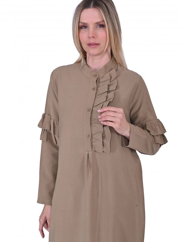 İNVEE 6925 Fırfır Detaylı Camel Elbise