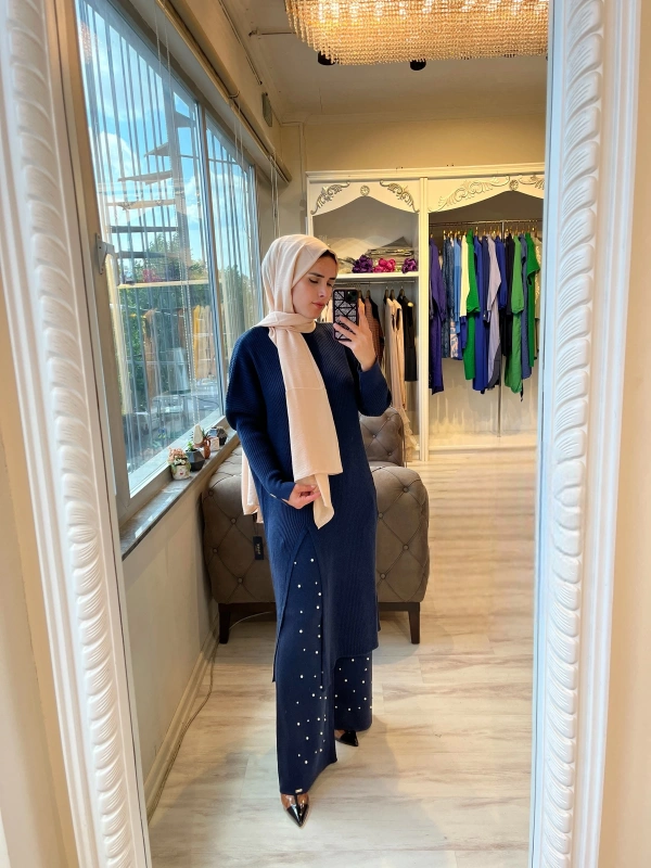 İNVEE 6944 Yırtmaçlı Triko Tunik - Lacivert