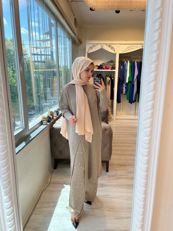 İNVEE 6944 Yırtmaçlı Triko Tunik - Koyu Bej