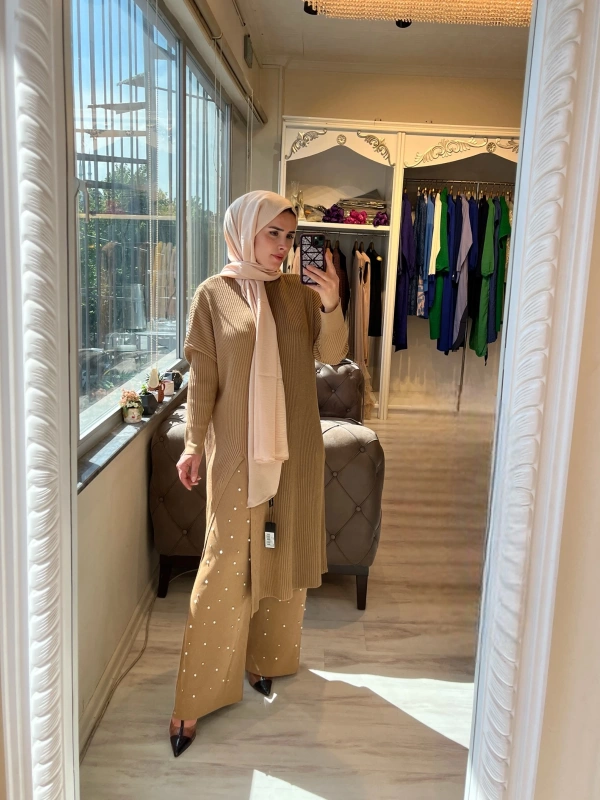 İNVEE 6944 Yırtmaçlı Triko Tunik - Camel