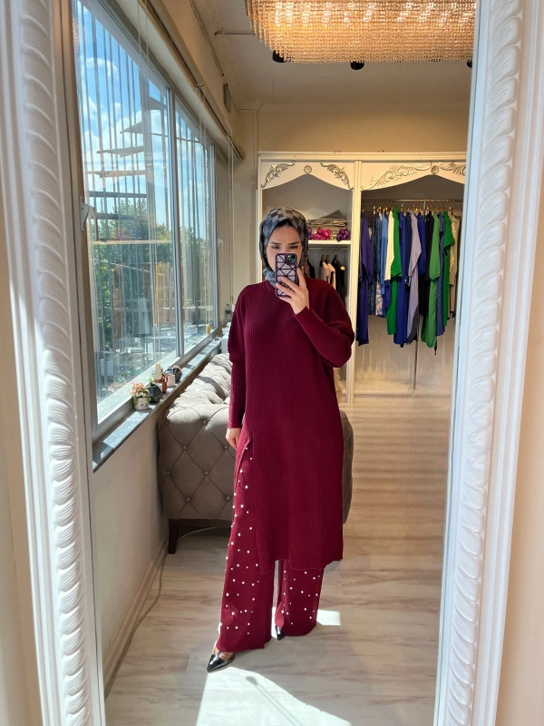 İNVEE 6944 Yırtmaçlı Triko Tunik - Bordo