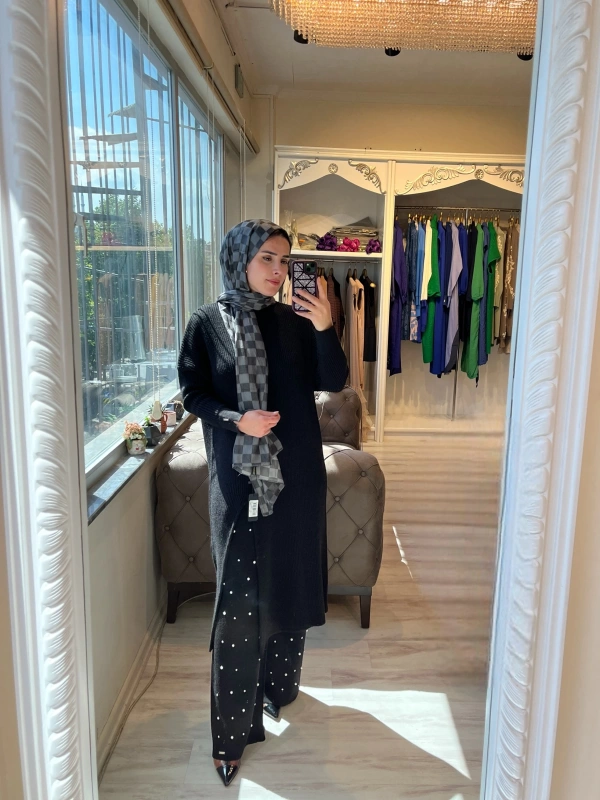 İNVEE 6944 Yırtmaçlı Triko Tunik - Siyah