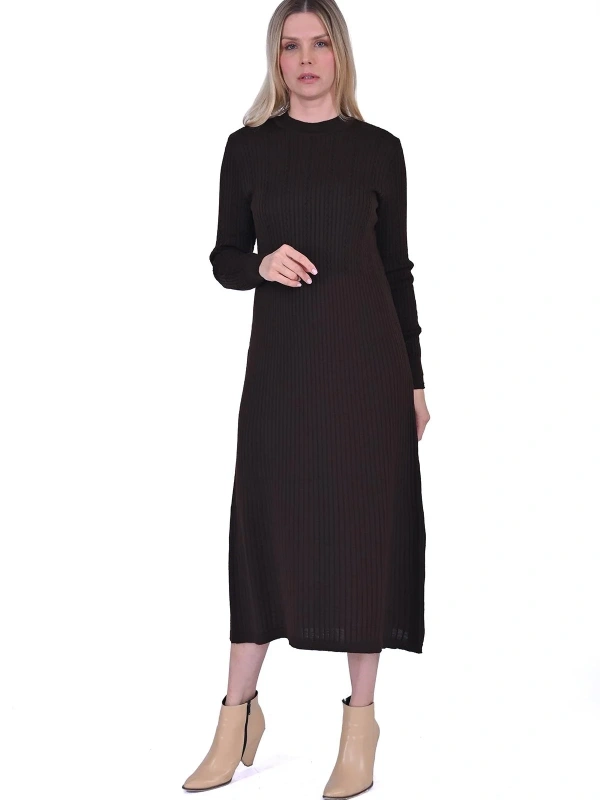 İNVEE 6954 Yün Karışımlı Triko Elbise - Kahve