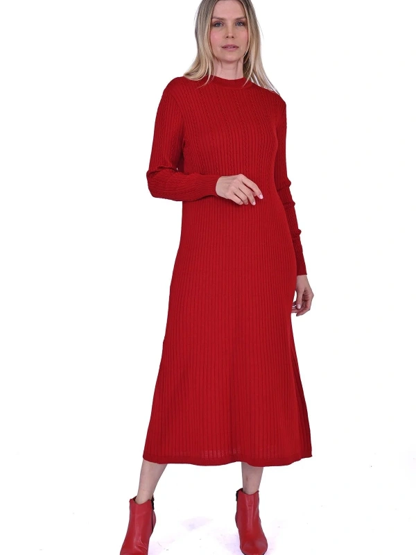 İNVEE 6954 Yün Karışımlı Triko Elbise - Kırmızı