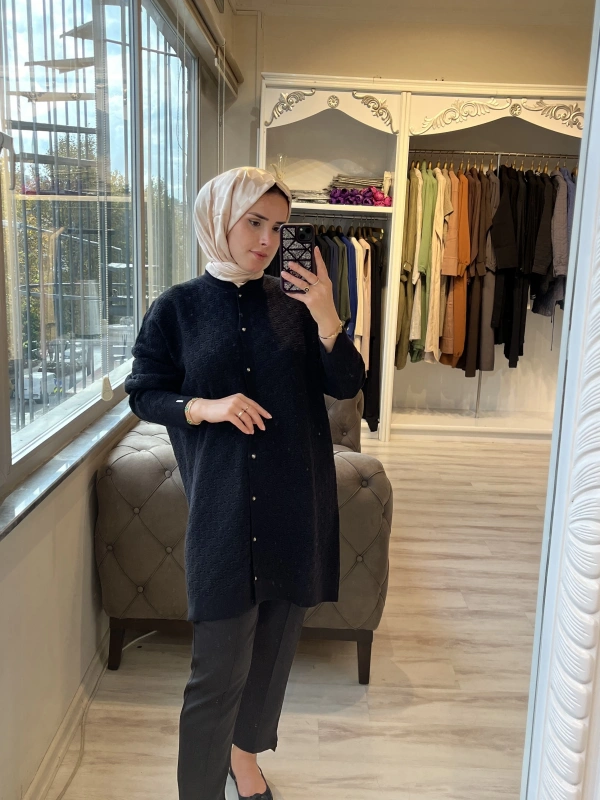 İNVEE 6957 Yün Karışımlı Desenli Triko Hırka - Siyah