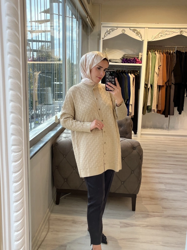 İNVEE 6957 Desenli Triko Hırka - Camel