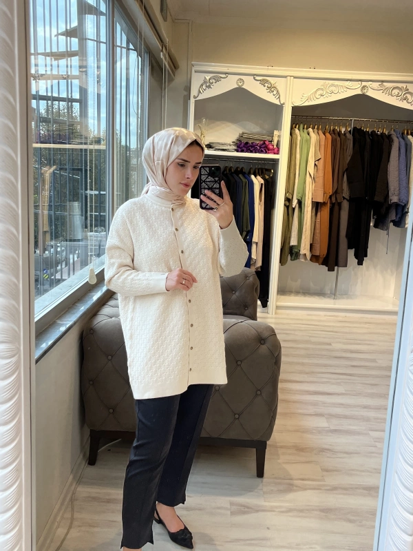 İNVEE 6957 Yün Karışımlı Desenli Triko Hırka - Vanilya