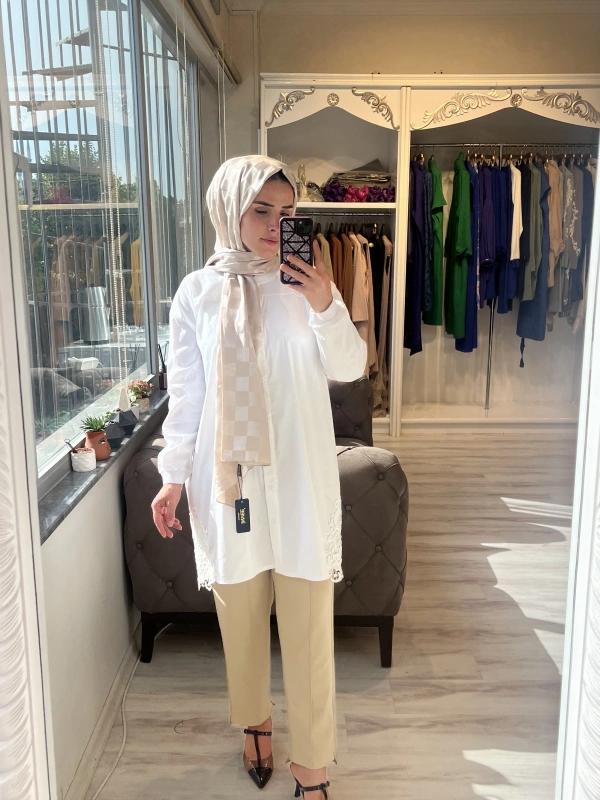 INVEE 6978 Brode Detaylı Ekru Gömlek