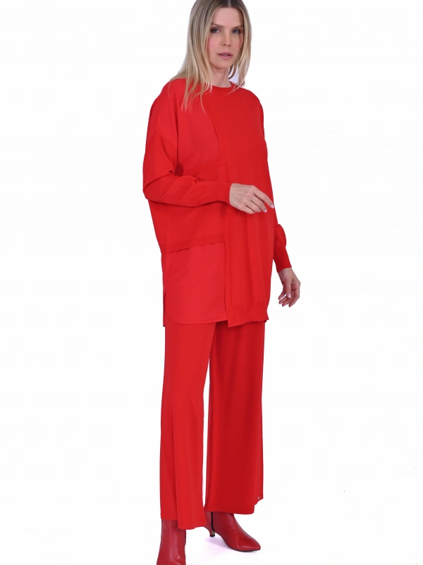 İNVEE 6986 Kumaş Detaylı Kırmızı Triko Tunik