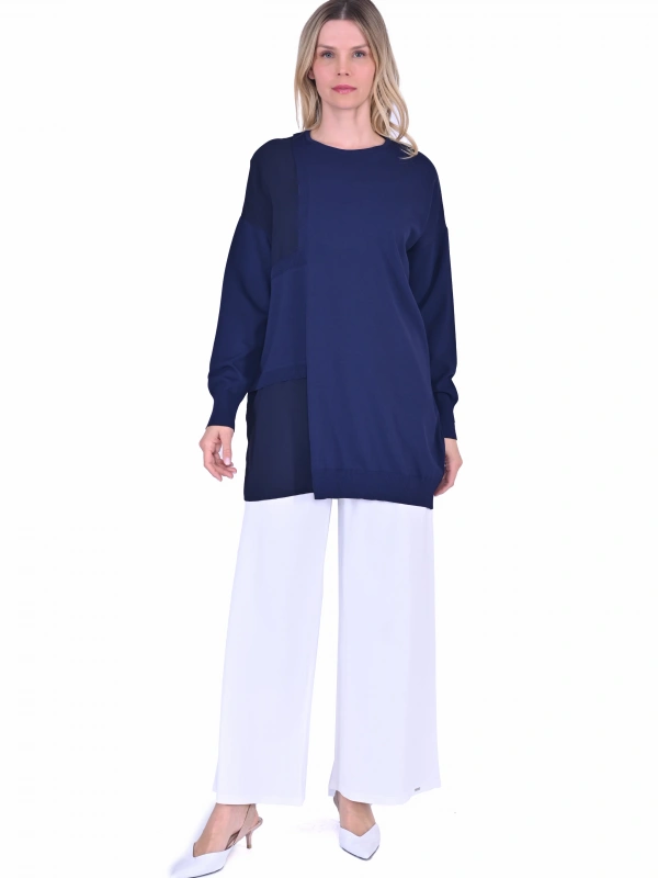 İNVEE 6986 Kumaş Detaylı Lacivert Triko Tunik