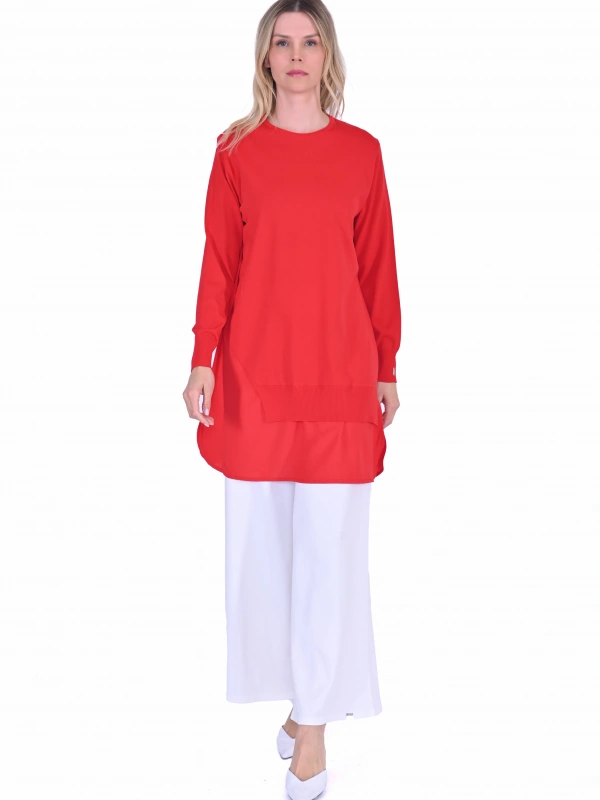 İNVEE Şifon Detaylı Kırmızı Triko Tunik