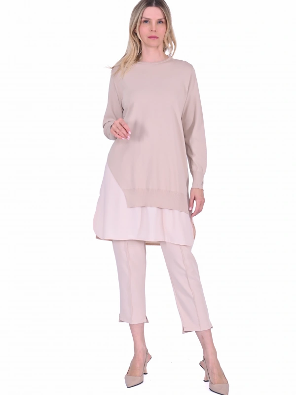 İNVEE Şifon Detaylı Bej Triko Tunik