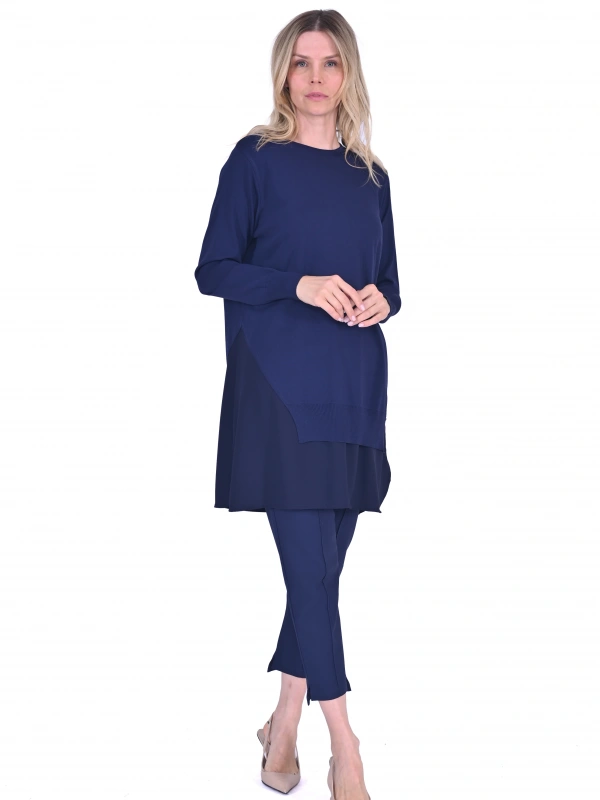 İNVEE Şifon Detaylı Lacivert Triko Tunik