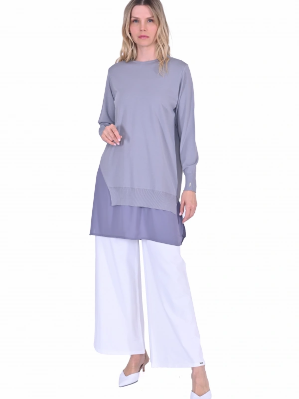 İNVEE Şifon Detaylı Gri Triko Tunik