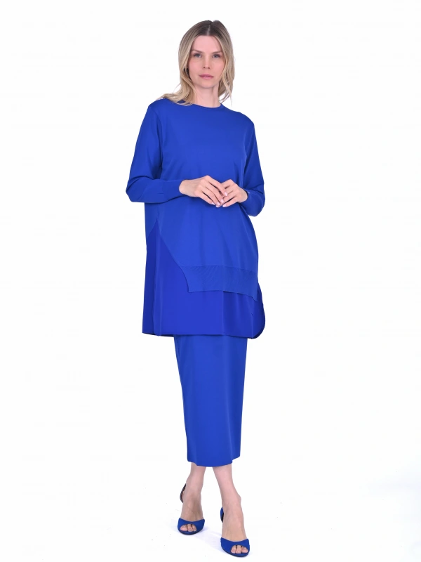 İNVEE Şifon Detaylı Sax Triko Tunik