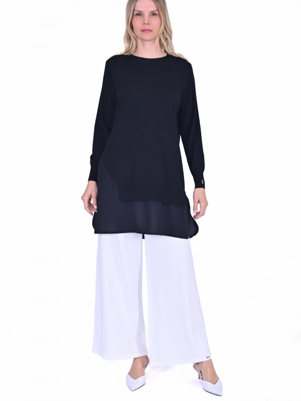 İNVEE Şifon Detaylı Siyah Triko Tunik