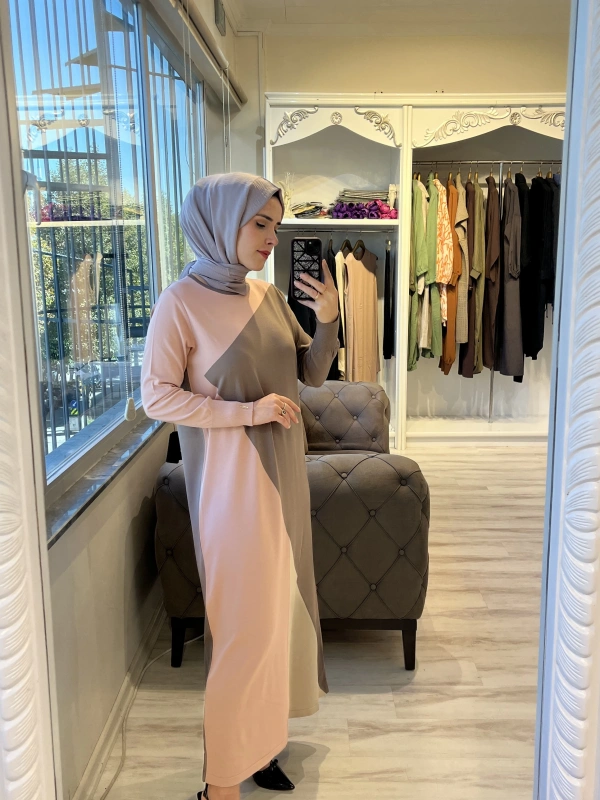 İNVEE 6989 Geometrik Somon Triko Elbise